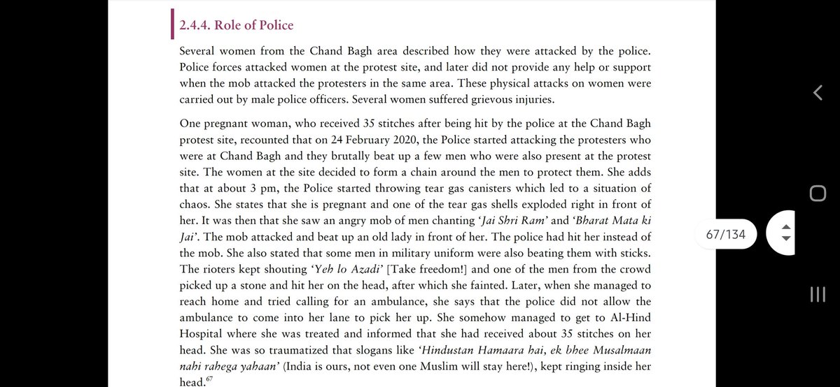 Impact on women:Women were verbally, physically and sexually abused in the pogrom by Mob and Police. Their Burqas were snatched. The mob repeatedly said "Azadi chahiye, aao dete hain azadi" using the word azadi as a sexual metaphor. There is a case where a police officer pulled.