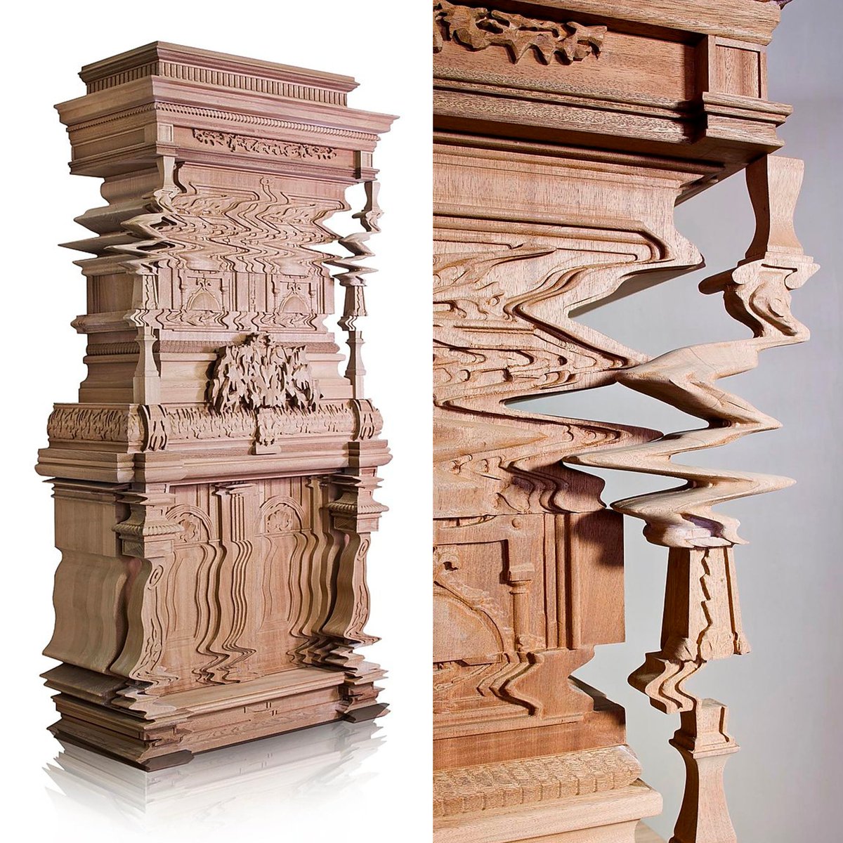 creapills's tweet photo. Ce meuble donne l'illusion d'être brouillé par des ondes. Une sculpture sur bois impressionnante réalisée par le designer italien Ferruccio Laviani. https://t.co/QuujsJxV31