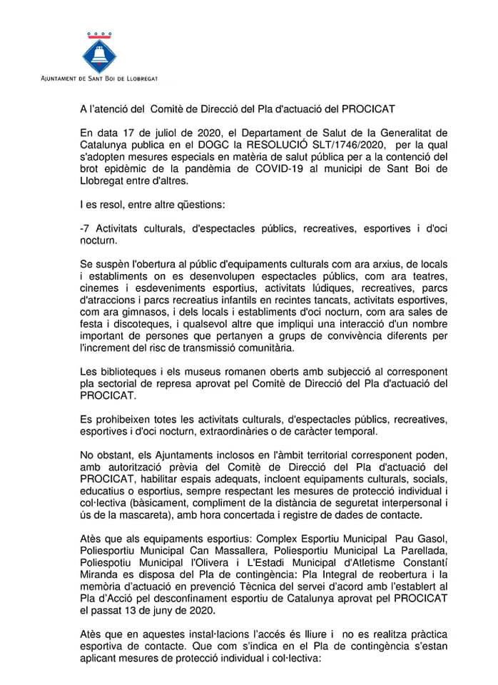 LluisaMoretSabi's tweet photo. Hem demanat a @gencat que ens permetin obrir equipaments esportius i recuperar activitats culturals que complien i seguiran complint, estrictament, les mesures de seguretat i d’higiene. Estem a l’espera de resposta i us mantindrem informats. Seguim! https://t.co/x7r4rKj72T