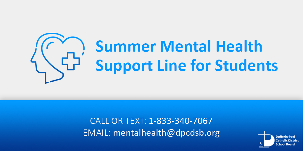 DPCDSBSchools's tweet photo. Do you have a mental health concern?

Call or text DPCDSB's Confidential Summer Mental Health Line for Students. You will be connected to a mental health professional who can help you.

Call/Text: 1-833-340-7067
Email: mentalhealth@dpcdsb.org
➡ More info: https://t.co/SdDXg9Io7N https://t.co/gLn7yeih5a
