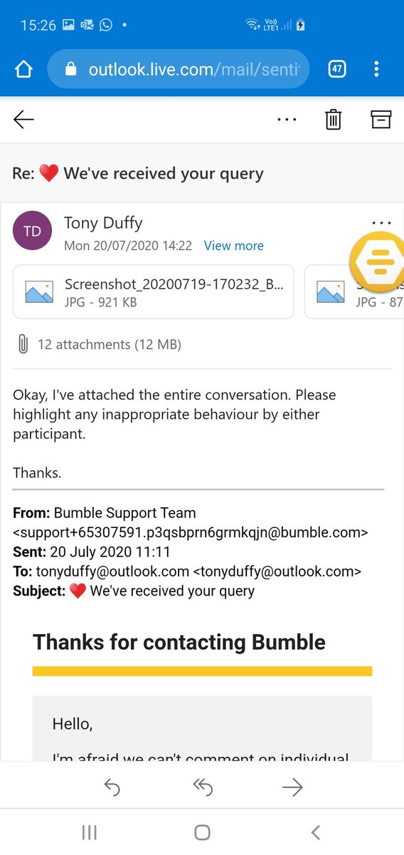 AnthonyDuffy's tweet photo. Have just sent screenshots of my entire conversation with the @bumble user who reported me to @BumbleSupport so they can point out any "inappropriate behaviour" by me and/or her.
#bumblegate #bumble #fail #censorship #moderationpolicy https://t.co/M0nKFgZ04R