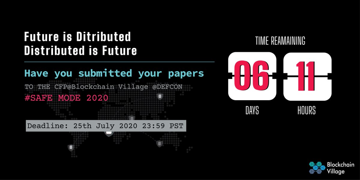 BCOSvillage's tweet image. Only 6 days to go before we close CFP for Blockchain Village 2020 @defcon #SAFEMODE...

Send in your cool research/talks/demo/tools/workshop/contest proposals around #DistributedAPPS , #BlockchianSecurity at your favourite village - blockchianvillage.net