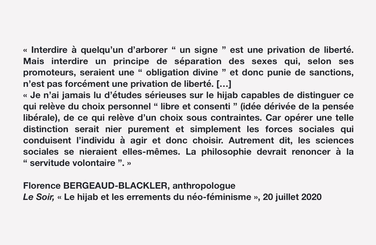 jjcambier's tweet image. FÉMINISME, NÉOFÉMINISME ET HIJAB
«Le #néoféminisme utilise le #hijab pour imposer sa théorie dite #intersectionnelle. Cette théorie […] conteste l’universalité du combat féministe et divise les femmes, et donc les féministes, selon leur classe et leur race.»
@FBBlackler
