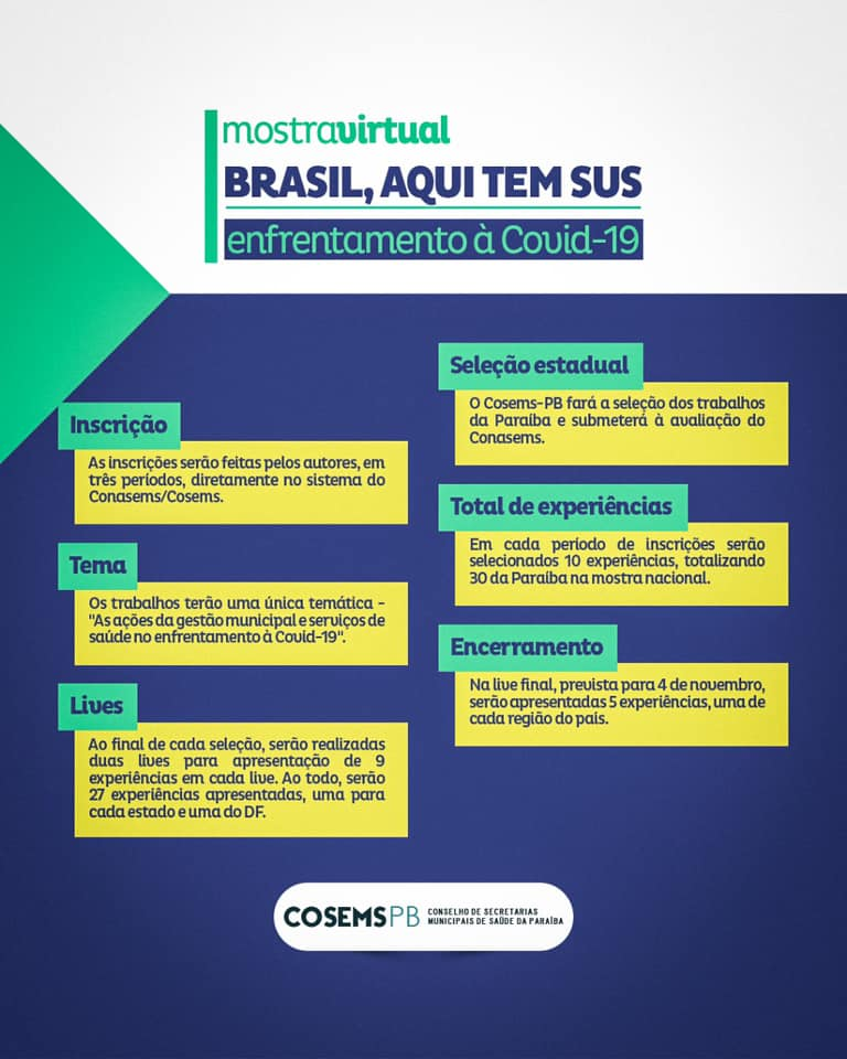 cosems_pb's tweet photo. Atenção para inscrição e etapas de seleção da mostra virtual “Brasil, aqui tem SUS enfrentamento à Covid-19”. https://t.co/KwdNXMz2pg