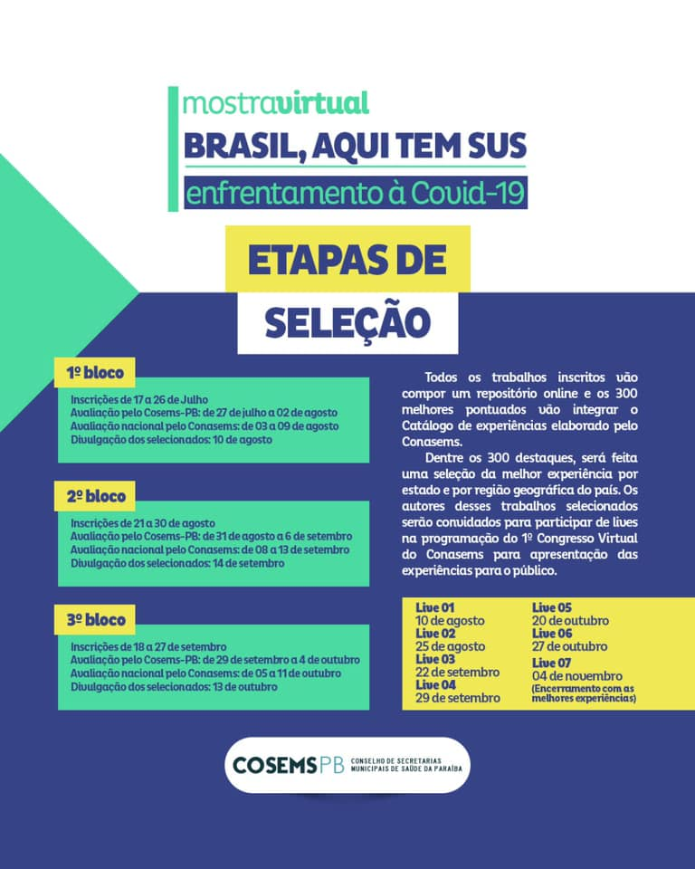 cosems_pb's tweet photo. Atenção para inscrição e etapas de seleção da mostra virtual “Brasil, aqui tem SUS enfrentamento à Covid-19”. https://t.co/KwdNXMz2pg