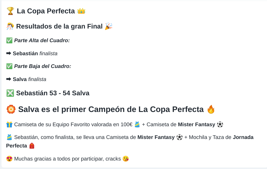MisterFantasyES's tweet photo. 📢 Ya tenemos ganador de #LaCopaPerfecta 🏆 con 
@JornadaPerfecta y es un viejo conocidos por todos en #MisterFantasy ⚽

🎁 Salva se lleva la camiseta de su equipo favorito 🎽🎀

🎊 Muchas gracias por participar, místers, y nos vemos en la próxima edición de La Copa Perfecta 🎉 https://t.co/ffLAUFAORn