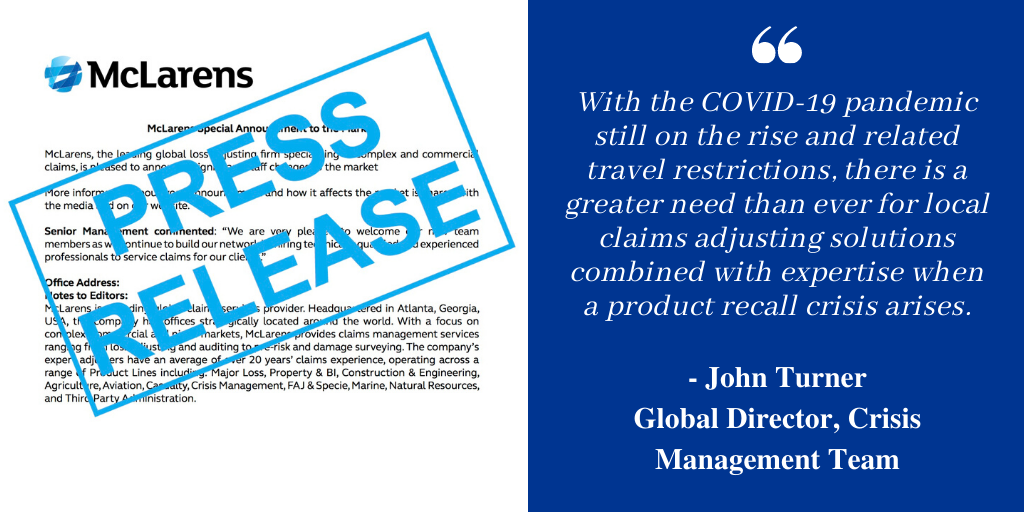 McLarensGlobal's tweet image. Great news for Crisis Management solutions! #TeamMcLarens &amp;amp; @AxonCrisis entered into an agreement to deliver first-of-its-kind outsourced claims adjusting &amp;amp; management administration in the specialty product recall space for clients in the US. Read more - bit.ly/2ZK2h8z