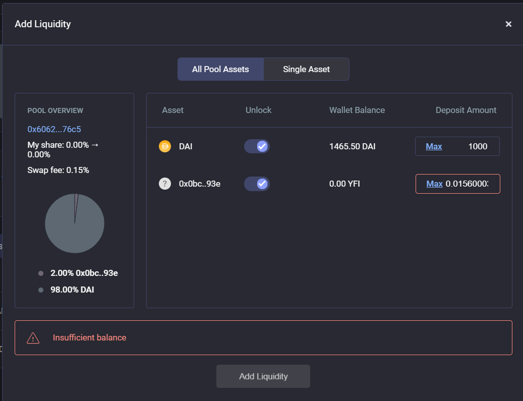 Pool 2 is a 98%  $DAI/2%  $YFI pool. To see how much  $DAI/  $YFI you need, first go to  https://pools.balancer.exchange/#/pool/0x60626db611a9957C1ae4Ac5b7eDE69e24A3B76c5Click Add liquidity, and input the amount under deposit amount (don't use Max), unlock the token (2 txns) and add liquidity (1 txn)You'll get  $BPT from this.