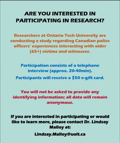 LMalloy's tweet photo. Looking for research participants with Canadian policing experience!

Complete a phone interview about interactions with older adults

All participants eligible to receive a $50 e-gift card

Please RT/share https://t.co/Tj081Rynvk
