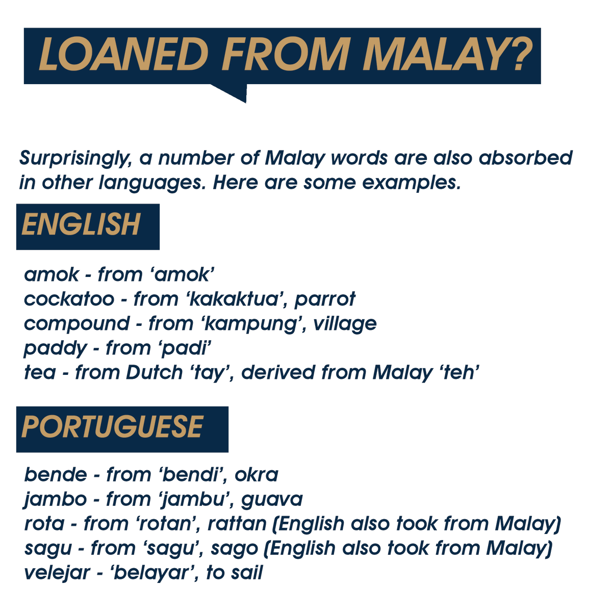 did you know, some words in English and Portuguese are loaned from Malay?