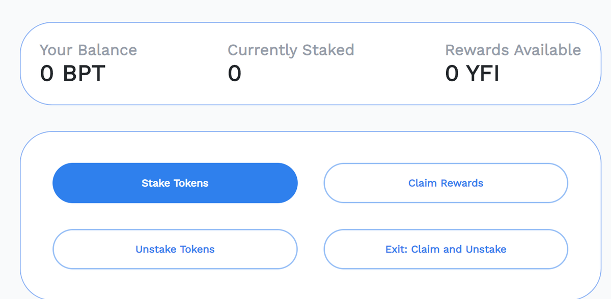 With your  $BPT go back to  https://ygov.finance/stake , choose the Balancer pool and stake your tokens. After successful, your currently staked amount will update. After a while you'll get  $YFI to claim, you can sell this or stake it (later)