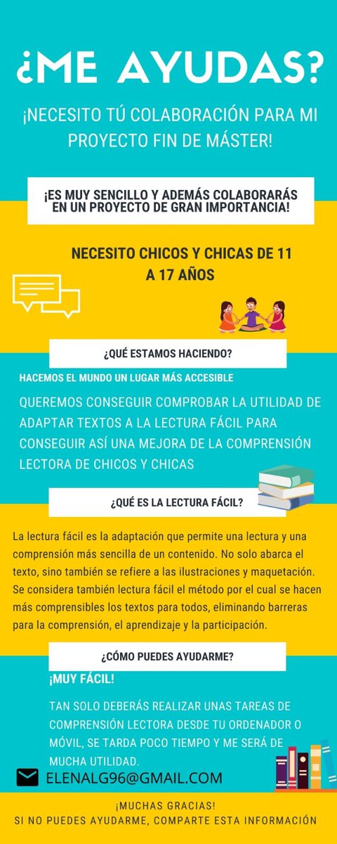 ElenGob_'s tweet photo. ¡Hola! Estoy realizando mi trabajo final de investigación del máster y para ello ¡necesito vuestra ayuda! Busco chicos y chicas entre 11 y 17 años. Es un proyecto de comprensión lectora, nada difícil y es ondina, además se tardará nada. MUCHAS GRACIAS 😘 💜 https://t.co/DsflDRRSB8
