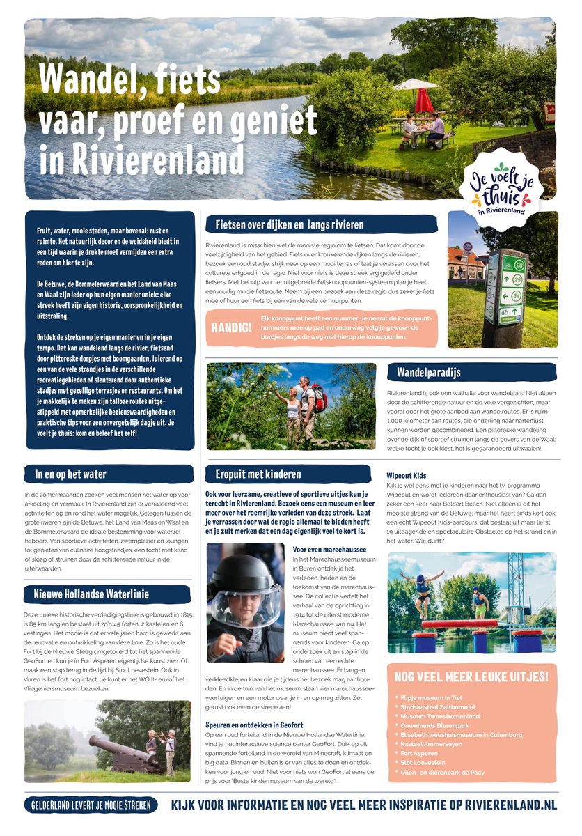 De campagne 'Je voelt je thuis in...' staat deze zomer volop in de aandacht! Vanaf morgen lees je in een speciale Zomerkatern in alle huis-aan-huiskranten rondom #Rivierenland alles over wat deze regio te bieden heeft. Lees meer op: bit.ly/3eLXF60