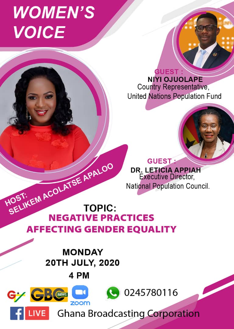 UNFPAGhana's tweet photo. Watch "Women's Voice" on GTV @thegbcghana today at 4 PM on the topic: "Negative Practices Affecting Gender Equality". It will be live on Facebook via https://t.co/HqwhmVoqY8
#AchievingEquality
#ForTheGoodOfGhana🇬🇭 https://t.co/7vRovXfBrC