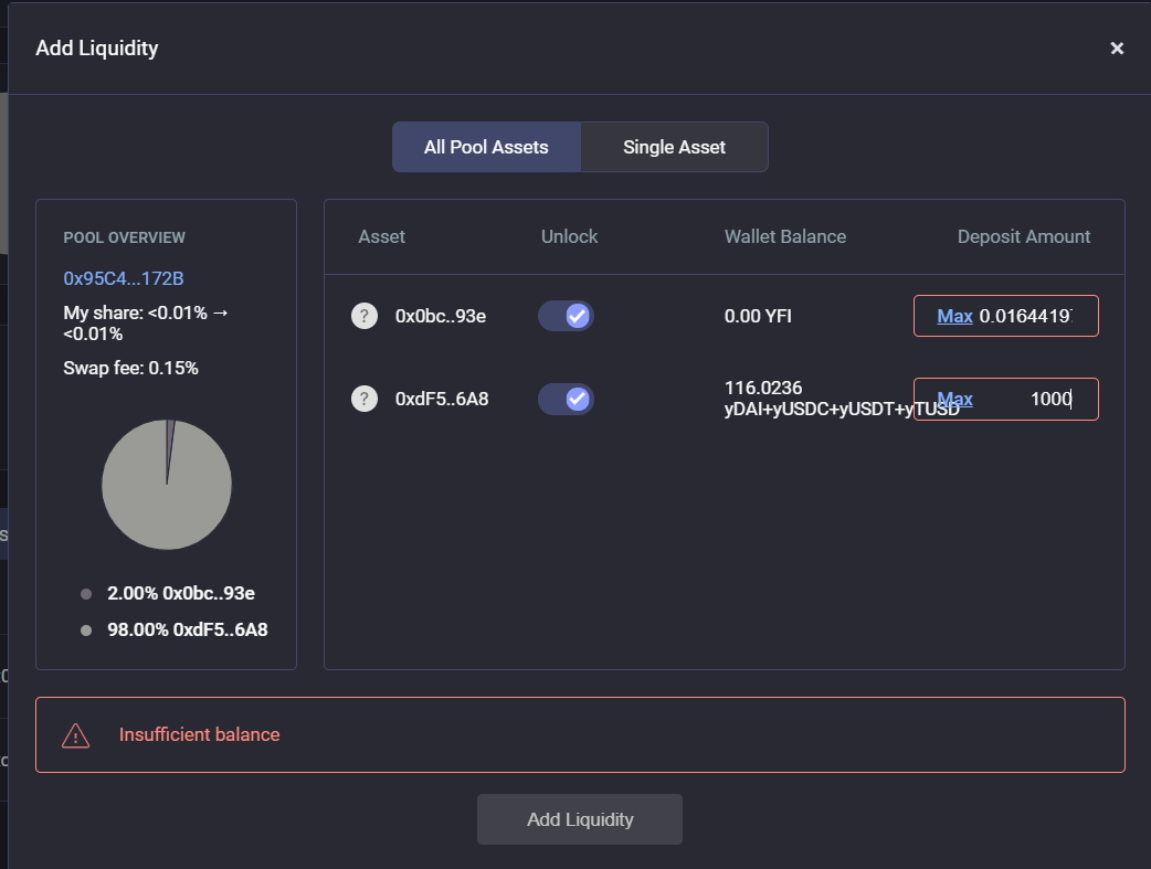 But what if you want  $CRV tokens too? Then you need to farm using pool 3: Governance. (98% y-curve (refer step 1), 2%  $YFI) Go to  https://pools.balancer.exchange/#/pool/0x95C4B6C7CfF608c0CA048df8b81a484aA377172B, unlock tokens and add liquidity, get BPT in exchangeNote :  $CRV isn't out yet.