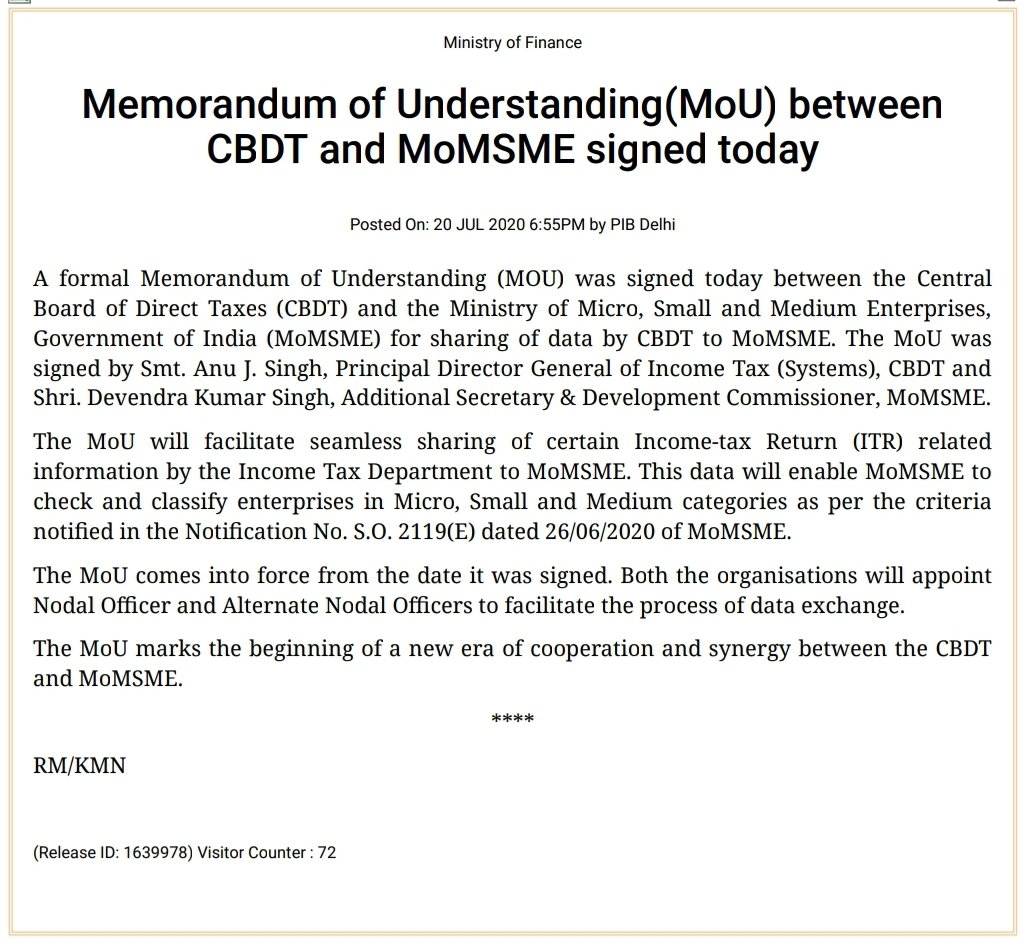 M/o MSME thanks @FinMinIndia specially Revenue dept and CBDT for signing MOU today with us for seamless exchange of data for registration of MSME. For paperless registration, it was a major reqirement. It reduces transaction time & helps ease of business. @PMOIndia @msmechampions