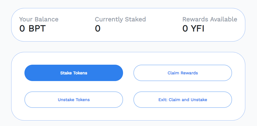 After getting the BPT from this, go back to  https://ygov.finance/staking  and select Governance. Stake your BPT and your currently staked will update, you can then earn  $YFI and  $CRV and  $BAL! Note : BPT for this pool and pool 2 are different. Make sure it's the right pool.