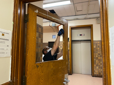 pvdschools's tweet photo. The safety of our school community is our first priority. As our custodial and maintenance teams thoroughly prepare our buildings for the fall, we're making sure important replacements are being made where needed, like classroom doors and windows. #PPSDfall2020 https://t.co/zmmN1AiSjy