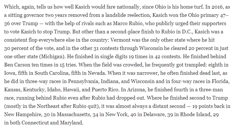 Kasich stayed in the race after finishing behind Ben Carson 10 times in 15 tries, just to prevent the opposition to Trump from uniting  https://www.nationalreview.com/2018/04/never-trumpers-should-not-support-unserious-challengers/