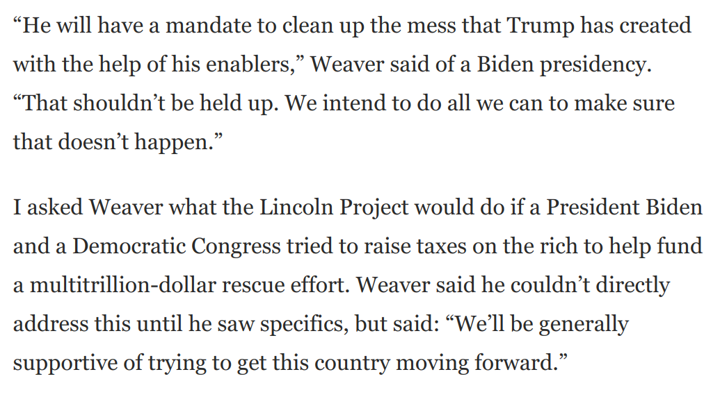 3) Here's a fascinating bit of news:  @ProjectLincoln will work *against* GOP Senators who try to obstruct Joe Biden's agenda, should he win the presidency.Founder  @jwgop tells me the group is wary of any rerun of what GOP Senators did to Obama in 2009: https://www.washingtonpost.com/opinions/2020/07/20/does-lincoln-project-have-secret-agenda-answer-is-surprising/