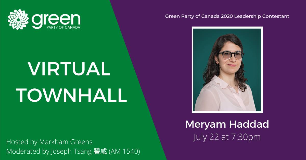 markhamgreens's tweet photo. Join our next Town Hall this Wednesday at 7:30pm with @CanadianGreens leadership contestant Meryam Haddad (@MeryamHd2020). Don't forget to RSVP! https://t.co/EFilIXaFUZ #cdnpoli #markham https://t.co/iRHCD6QZaR