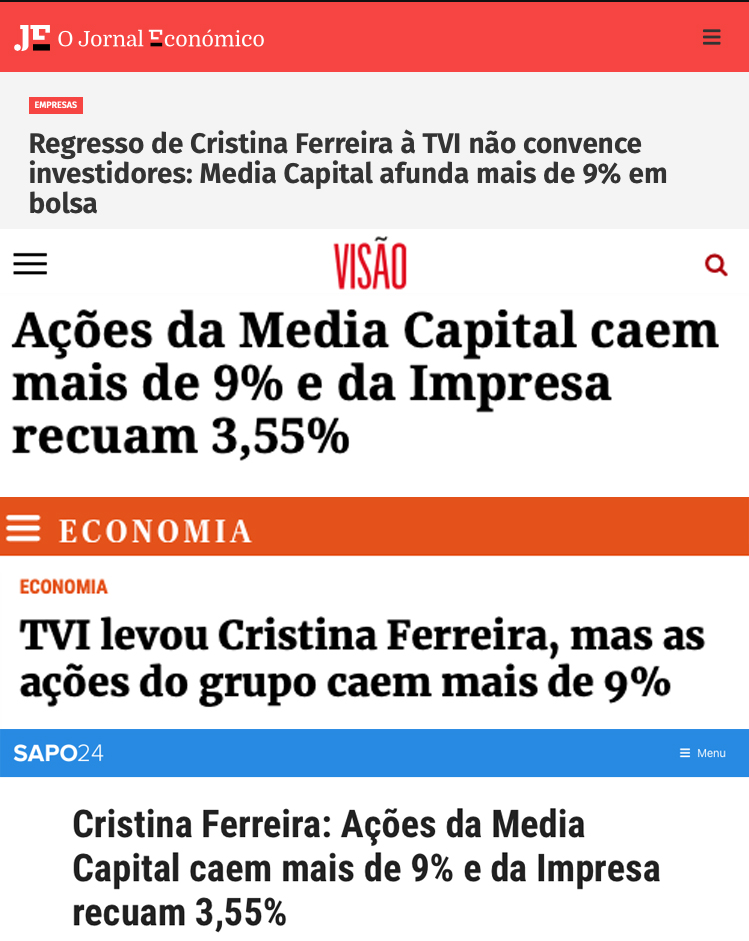 Depois de negociar 2 ações por 2,34€/cada no últimos dois meses, a contratação de Cristina Ferreira fez a Media Capital """afundar""" em bolsa. Debandada de investidores? Não, iliteracia sobre mercados financeiros e armadilhas para leitores menos atentos.