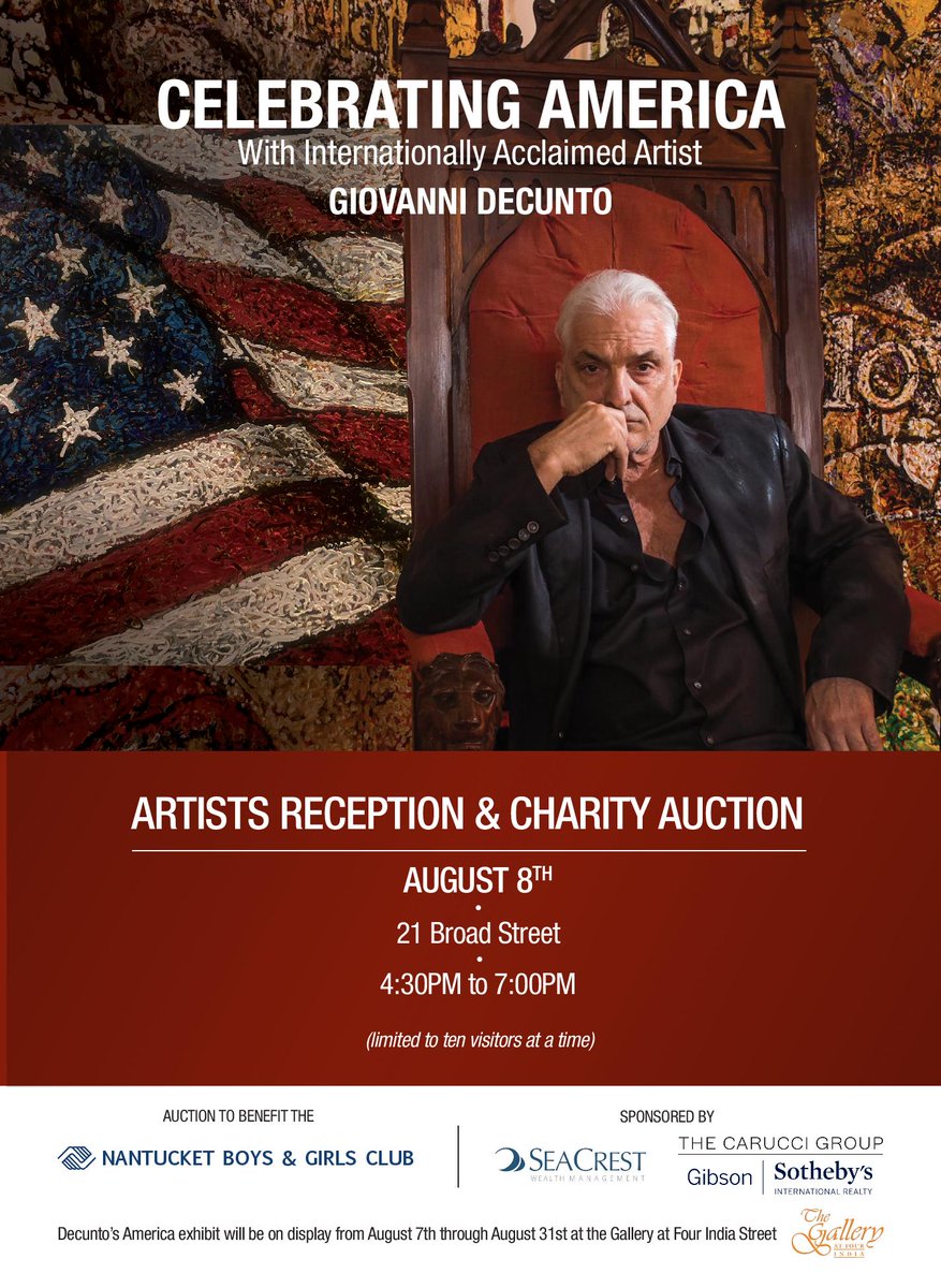 Celebrating America with internationally acclaimed artist, #GiovanniDeCunto

We look forward to seeing you there!

#MichaelCarucci #TheCarucciGroup #TheGalleryFour #Nantucket #NantucketBoysandGirlsClub #SeacrestWealthManagement #InternationalArtist #NantucketMA #CapeCod