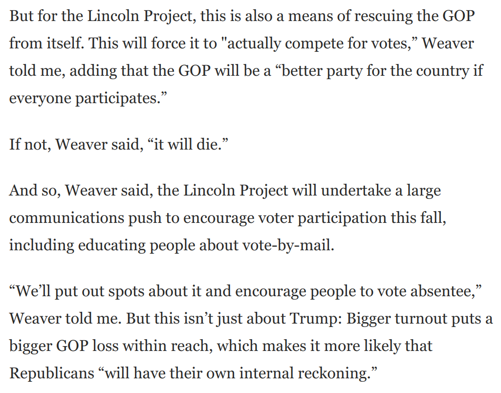 4)  @ProjectLincoln regularly slams Trump's assaults on democracy and the rule of law. They put out a video on John Lewis.But does this commitment to democracy include continued support for *expanding* voting rights after Trump is gone?They say yes: https://www.washingtonpost.com/opinions/2020/07/20/does-lincoln-project-have-secret-agenda-answer-is-surprising/