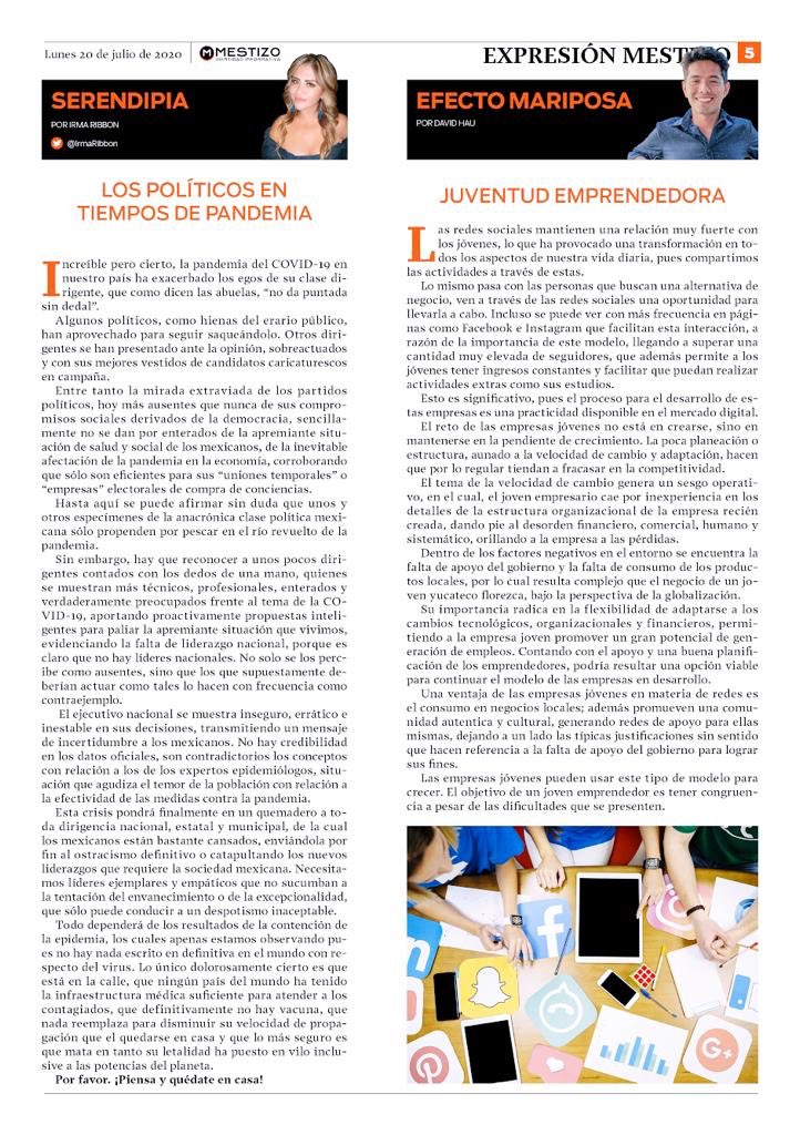 MestizoNews's tweet photo. #SemanarioMestizo 📰| #ExpresionesMestizo 🗣📃
#Serendipa ✍🏼| LOS POLÍTICOS EN TIEMPOS DE PANDEMIA
Por @IrmaRibbon
Leer ➡️https://t.co/TJo0G2205N
#EfectoMariposa ✍🏼| JUVENTUD EMPRENDEDORA
Por @Davidhp_99
Leer ➡️https://t.co/f43i7xf4SD https://t.co/LBnJ0Il7Wb