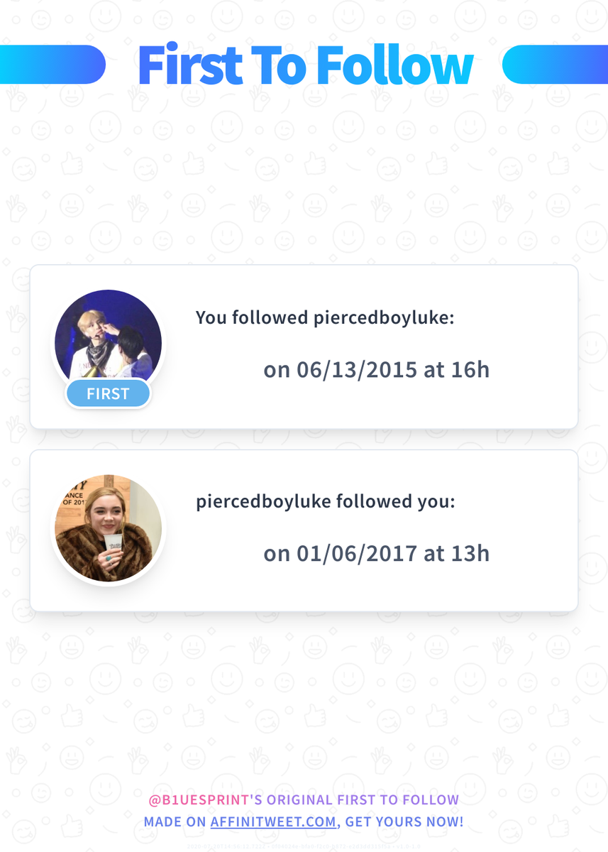 #Affinitweet First To Follow
You followed piercedboyluke on 06/13/2015 at 16:44:32.
piercedboyluke followed you on 01/06/2017 at 13:51:08.
via affinitweet.com/first-to-follow