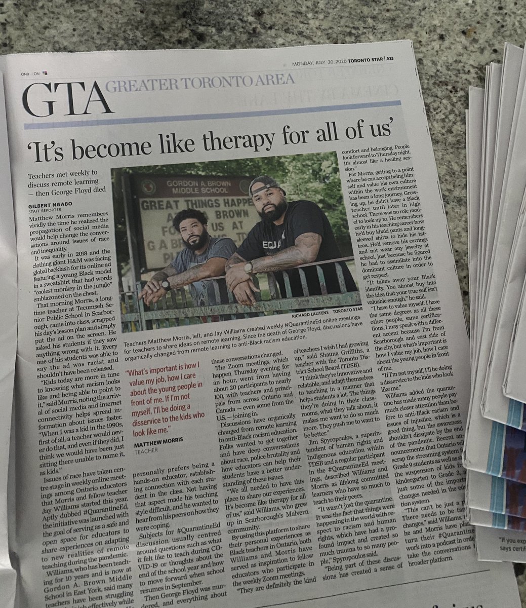 MstrJayWill's tweet photo. Woke up this morning and grabbed a couple copies for the family. It just hits different when it's in black &amp; white! A couple kids from #Scarborough @callmemrmorris in the @TorontoStar. 

#QuarantineEd family, this is because of y'all 💎💎💎

#EdChat #OntEd #TeacherTwitter https://t.co/QiMrHPmyNo