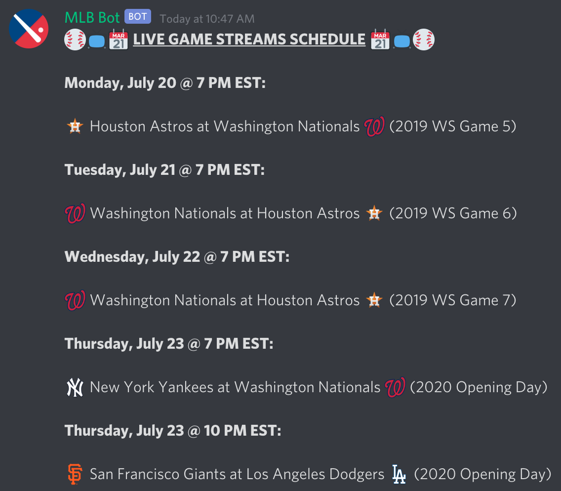This week's shortened MLB Chat Game Night Schedule:

As you can see 2020 Opening day is this Thursday!

Join our community here: discord.gg/FzEfW2K

#MLB #Baseball #LiveBaseball #Live #Chat #MLBChat #Discord #BaseballIsBack #OpeningDay #openingday2020 #Yankees #Nationals