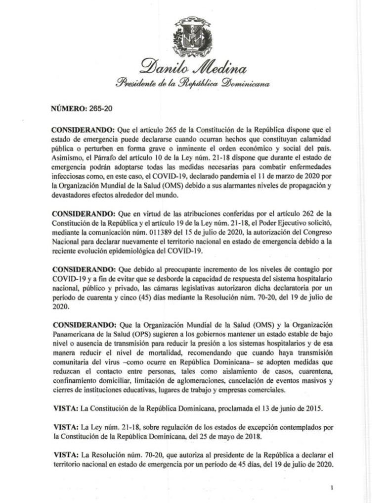RodrigMarchena's tweet photo. [Decreto 265-20] Presidente Danilo Medina declara el territorio nacional en estado de emergencia por un período de 45 días a partir de hoy, 20 de julio de 2020, debido a la reciente evolución epidemiológica del COVID-19. https://t.co/v4yt3P7cIu