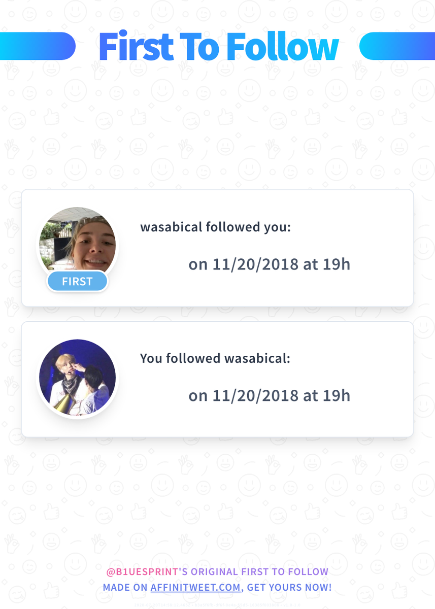 #Affinitweet First To Follow
wasabical followed you on 11/20/2018 at 19:32:59.
You followed wasabical on 11/20/2018 at 19:59:25.
via affinitweet.com/first-to-follow