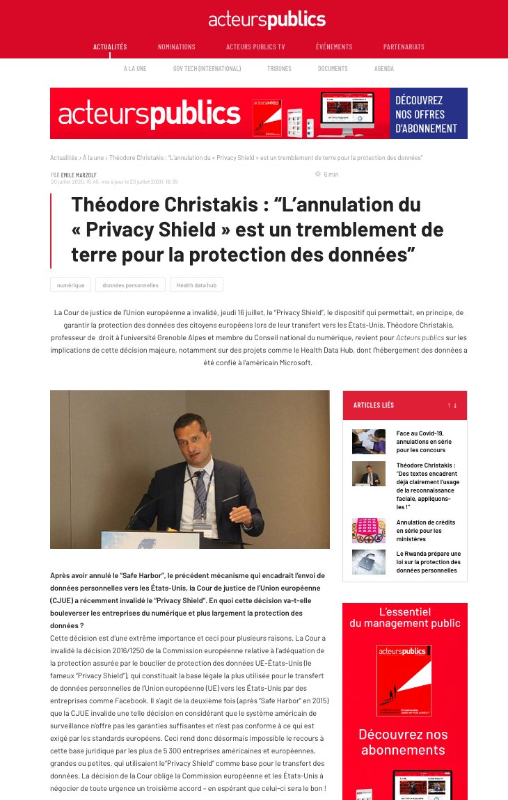 TC_IntLaw's tweet photo. La décision #SchremsII CJUE est un séisme juridique! Au-delà invalidation #PrivacyShield elle affecte transferts données de 🇪🇺 vers 🇺🇸 🇨🇳 🇷🇺 🇮🇳... Lisez ce que cela implique pour entreprises&amp;secteur public dns mon interview @acteurspublics @emile_marzolf 
https://t.co/Tvicqf6Orf https://t.co/2eQ00FDklr