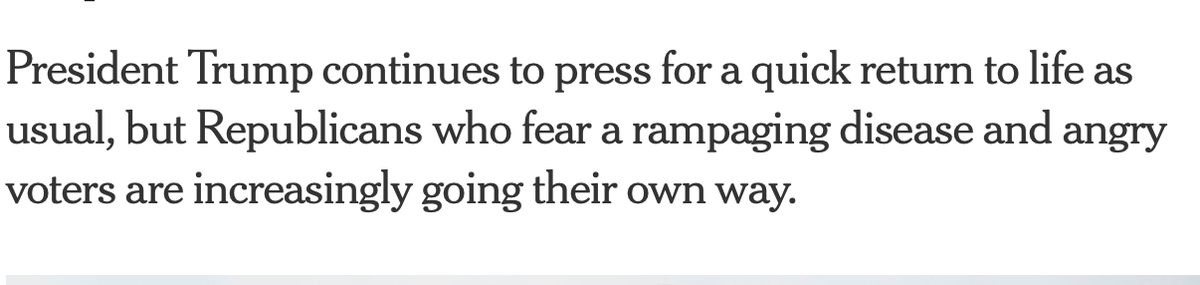As the virus devastates red states, this article tells us that GOP governors are despairing of Trump's insistence that we ignore the virus. (Trump's idea is that the real problem isn't the virus, but the protesters).4/ https://nytimes.com/2020/07/19/us/politics/republicans-contradict-trump-coronavirus.html