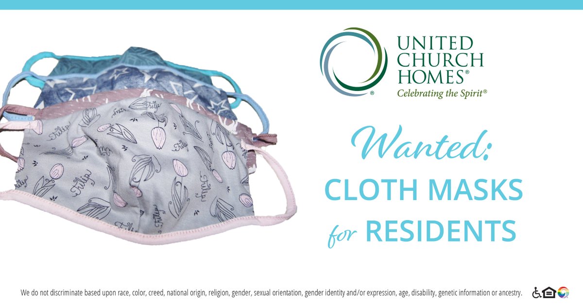 UCHomes's tweet photo. Want to help residents and staff at United Church Homes communities? We're in need of cloth masks Call the UCH community closest to you to learn more! #abundantaging #seniorliving #inthistogether #COVID19 #masks4all https://t.co/nUjZnxe9M6