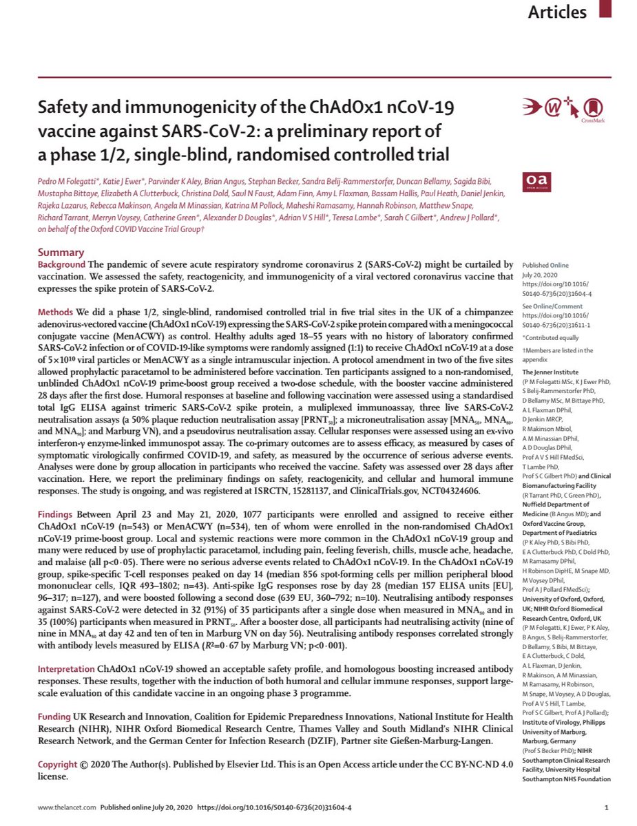 Aşıya gerçekten çok yakınız.
1077 sağlıklı yetişkinle yapılan ve 
<a href="/Lancet/">tomasz baniak</a>’te yayınlanan Oxford #Korona aşısi araştırması ön sonuçları, aşının devam eden çalışmanın 56. gününe kadar güçlü antikor ve T hücresi bağışıklık tepkilerine neden olduğunu ortaya koyuyor.
Rüya Gibi ✌🏻