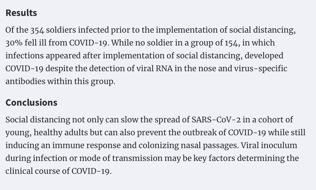 Esse resultado é fantástico e, se for replicado, pode mudar o curso da COVID-19. Separaram soldados suíços em dois grupos. No grupo que seguiu distanciamento social, infectados não desenvolveram COVID. No grupo sem distanciamento, 30% teve complicações :D https://academic.oup.com/cid/article/doi/10.1093/cid/ciaa889/5864495