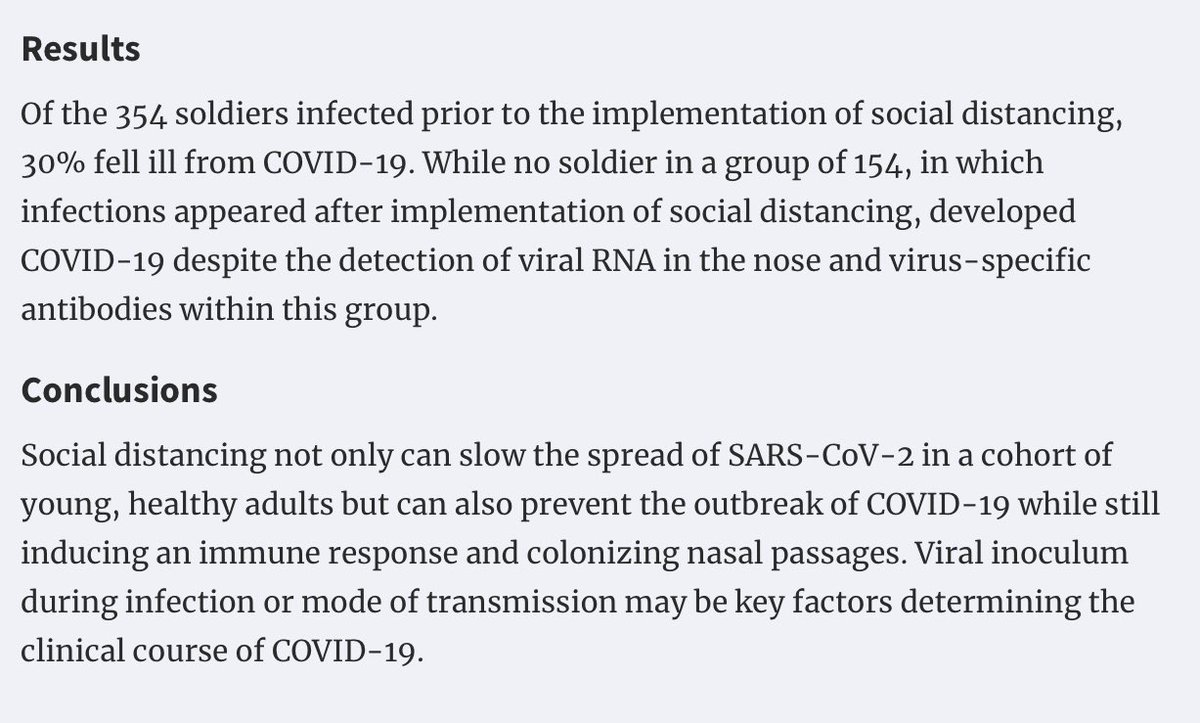 Of the 354 soldiers infected prior to the implementation of social distancing, 30% fell ill from COVID-19. While no soldier in a group of 154, in which infections appeared after implementation of social distancing, developed COVID-19 despite the detection of viral RNA in the nose and virus-specific antibodies within this group. Conclusions Social distancing not only can slow the spread of SARS-CoV-2 in a cohort of young, healthy adults but can also prevent the outbreak of COVID-19 while still inducing an immune response and colonizing nasal passages. Viral inoculum during infection or mode of transmission may be key factors determining the clinical course of COVID-19.