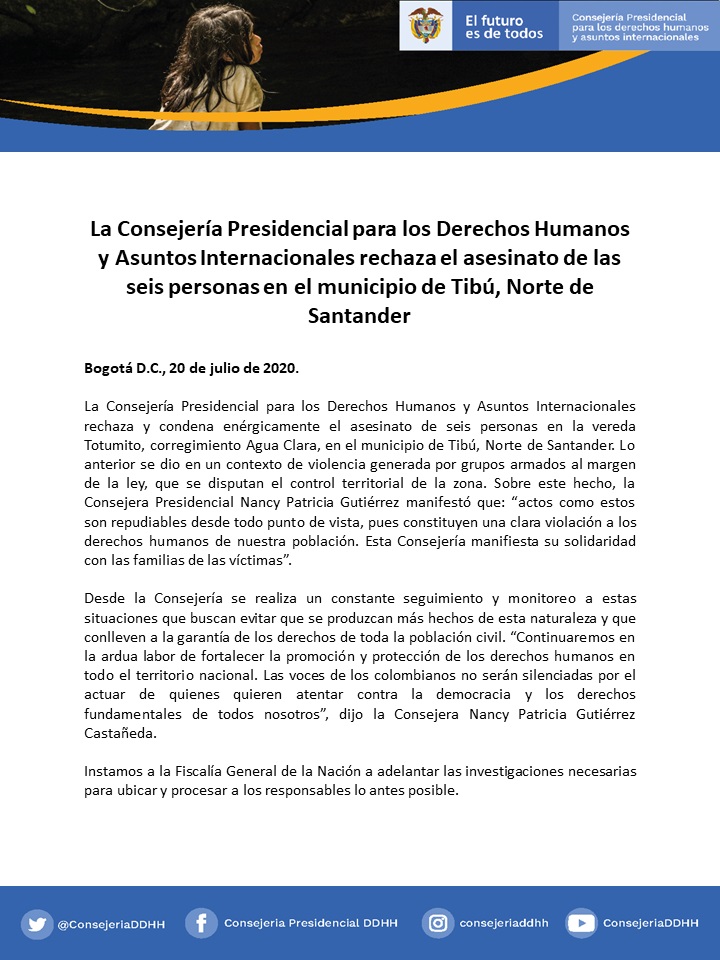 ConsejeriaDDHH's tweet photo. #EsNoticia | La Consejera @NancyPatricia_G se pronuncia frente a los hechos de violencia presentados en #Tibú, #NorteDeSantander. “Actos como estos son repudiables desde todo punto de vista, pues constituyen una clara violación a los #DDHH". Leer más: https://t.co/vzXP5enIWW https://t.co/02uB6d24zl