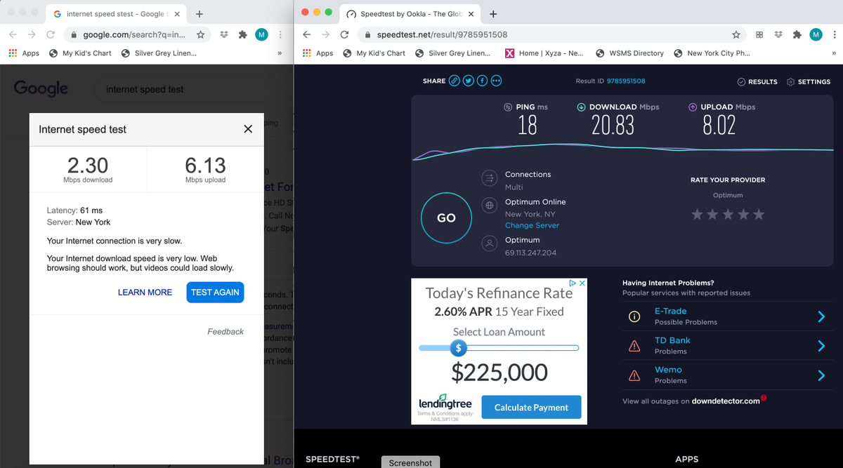 Micah Lasher (@micahlasher) on Twitter photo Interesting: the speed test run by my cable provider, <a href="/optimum/">Optimum</a>, shows a functioning connection; the test run through Google produces very different results, consistent with reality. cc <a href="/superwuster/">Tim Wu</a> <a href="/NewYorkStateAG/">NY AG James</a> <a href="/AGWilliamTong/">AG William Tong</a> Interesting: the speed test run by my cable provider, <a href="/optimum/">Optimum</a>, shows a functioning connection; the test run through Google produces very different results, consistent with reality. cc <a href="/superwuster/">Tim Wu</a> <a href="/NewYorkStateAG/">NY AG James</a> <a href="/AGWilliamTong/">AG William Tong</a>