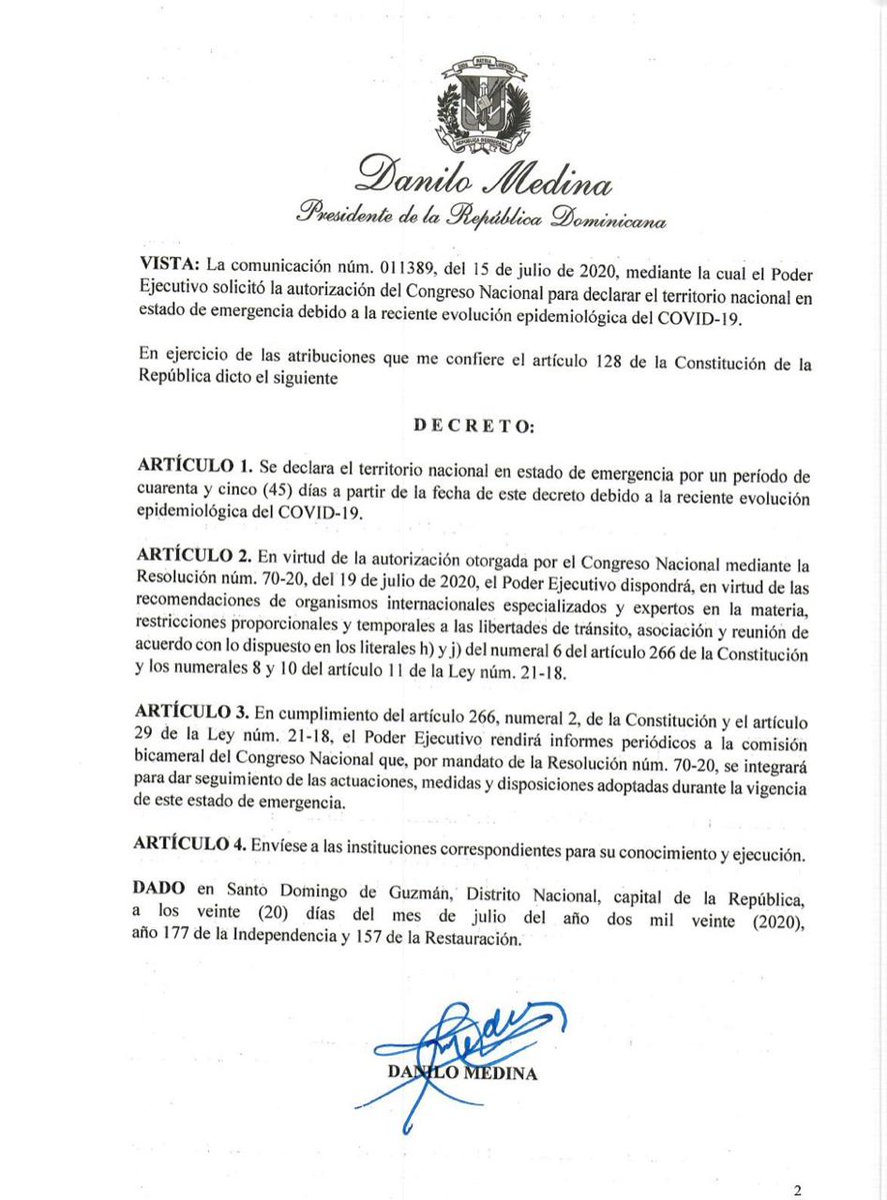 #PeriódicoHOY  Con el decreto 265-20, el presidente <a href="/DaniloMedina/">Danilo Medina</a> declara en estado de emergencia el territorio nacional por la reciente evolución del #CoronavirusRD.
