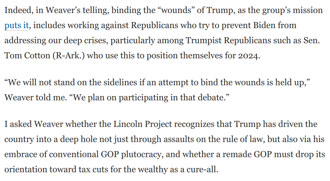 5) What will  @ProjectLincoln do if a President Biden/Dem Congress raise taxes on the rich to fund a huge rescue package?Does  @ProjectLincoln believe a remade GOP must move away from reflexive tax cuts for the rich?I did something crazy. I asked them: https://www.washingtonpost.com/opinions/2020/07/20/does-lincoln-project-have-secret-agenda-answer-is-surprising/