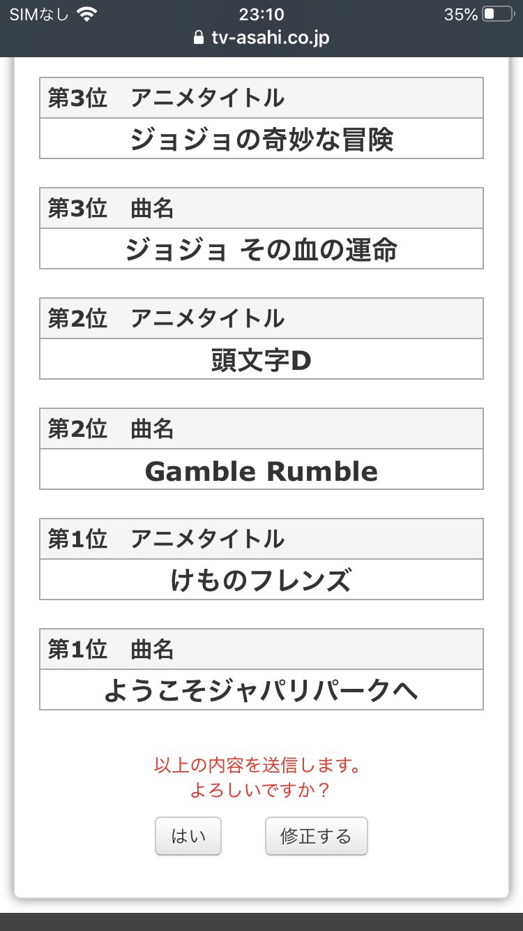 Doragon スパスタ Disney 配信決定 アニソン総選挙 そう言えば今度の9月にアニソン総選挙て言うのが地上波でやるらしいです 更に投票も出来るらしいです 当たり前だ 因みに私はこんな感じですね 3位に ジョジョ ジョジョの奇妙な冒険 2