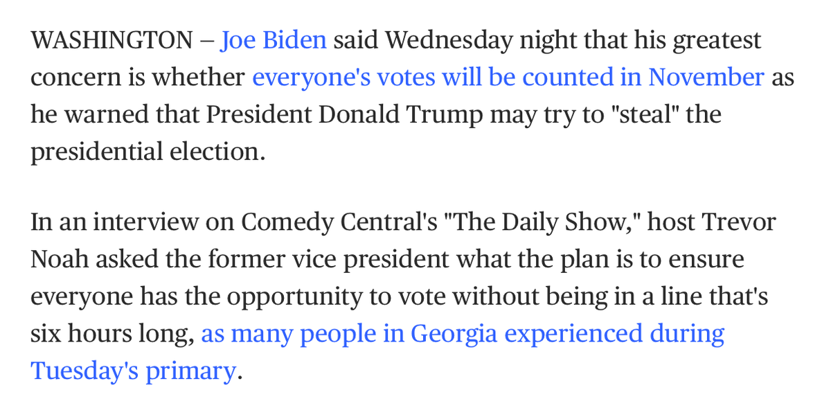Here's the article. I have attached the first few paragraphs. https://www.nbcnews.com/politics/congress/biden-s-biggest-fear-president-going-try-steal-election-n1229761By "steal" Biden is talking about voter suppression and not counting all the votes. He's not talking about hacking, military operations, or nationwide martial law . . .7/