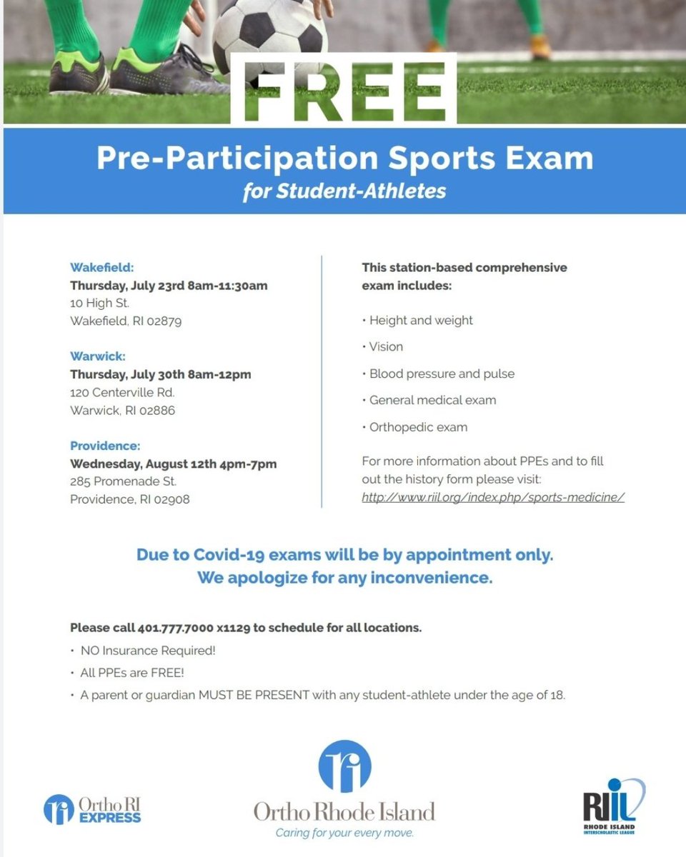 RIIL_sports's tweet photo. REMINDER: First FREE Pre-Participation Sports Exams being offered by @Ortho_RI are this Thursday (7/23) from 8-11:30 am @ the Wakefield location, 10 High St.
Due to Covid-19, exams will be by appt only by calling (401) 777-7000 ext. 1129
Learn more at: https://t.co/B6yUD0Yap4 https://t.co/jYAmJedq0B