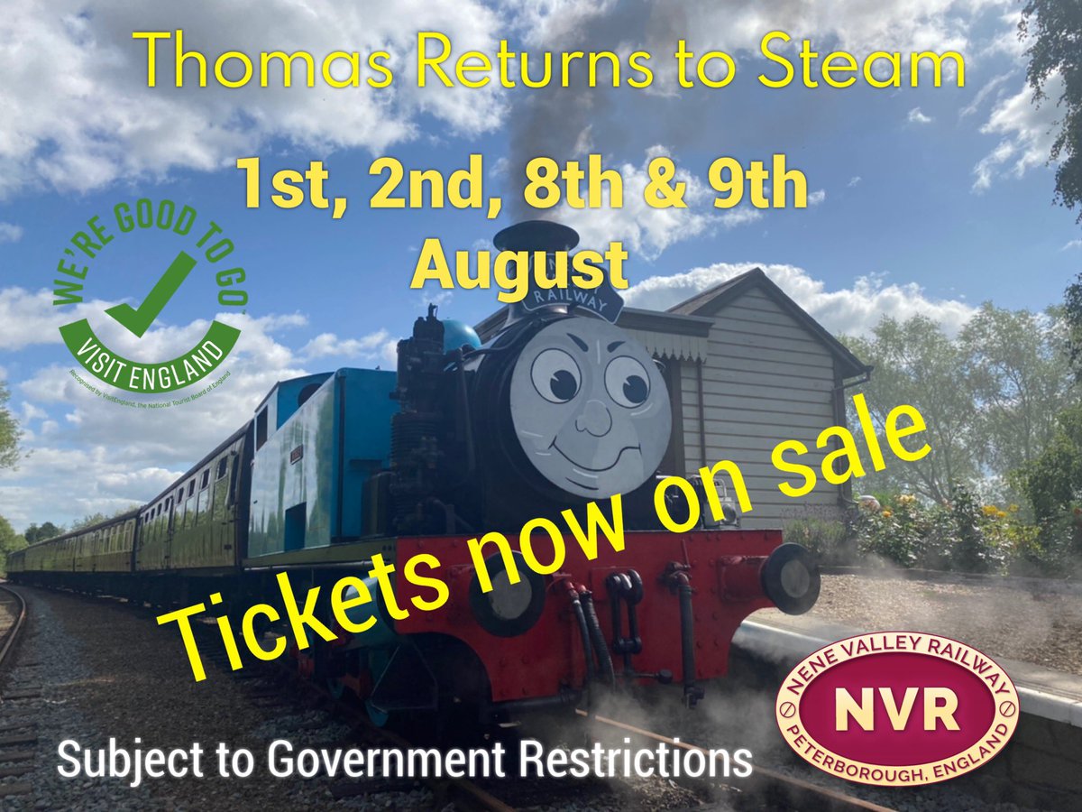 Thomas Re Opens the NVR 1st, 2nd, 8th & 9th August Join Thomas as we, re open the NVR to steam trains since the Covid Lockdown. Thomas will be pulling his own train from Wansford to Yarwell only Tickets now on sale, book now nvr.org.uk/product.php/17…