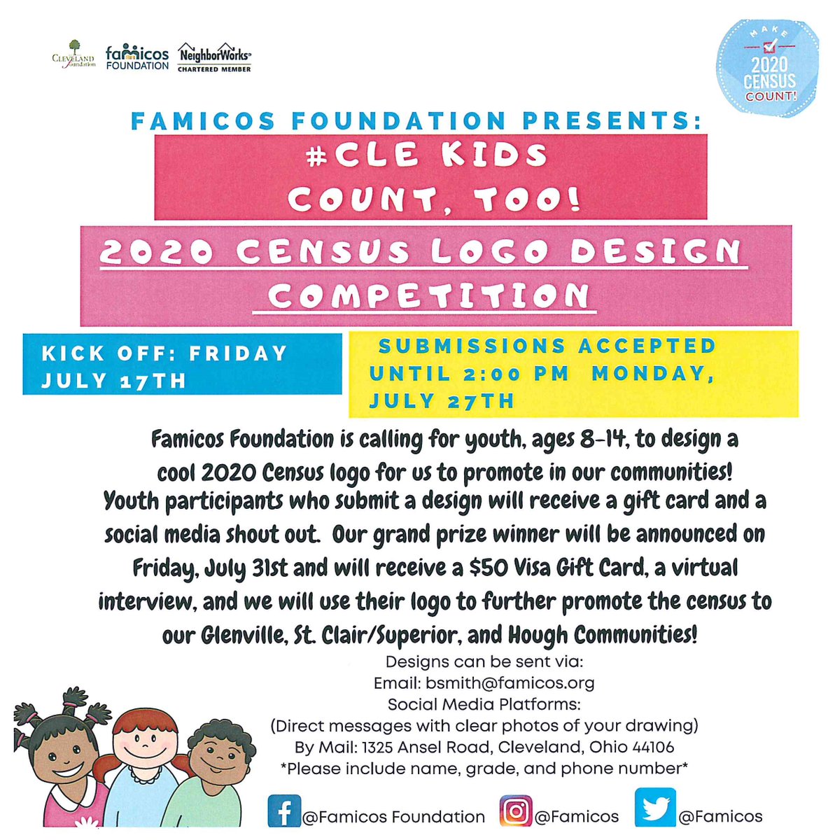 Famicos's tweet image. Famicos Foundation is holding a Census Logo Competition for youth 8-14 years old, in order to promote the completion of the 2020 Census. #CleKidsCountToo #CompleteCountCle