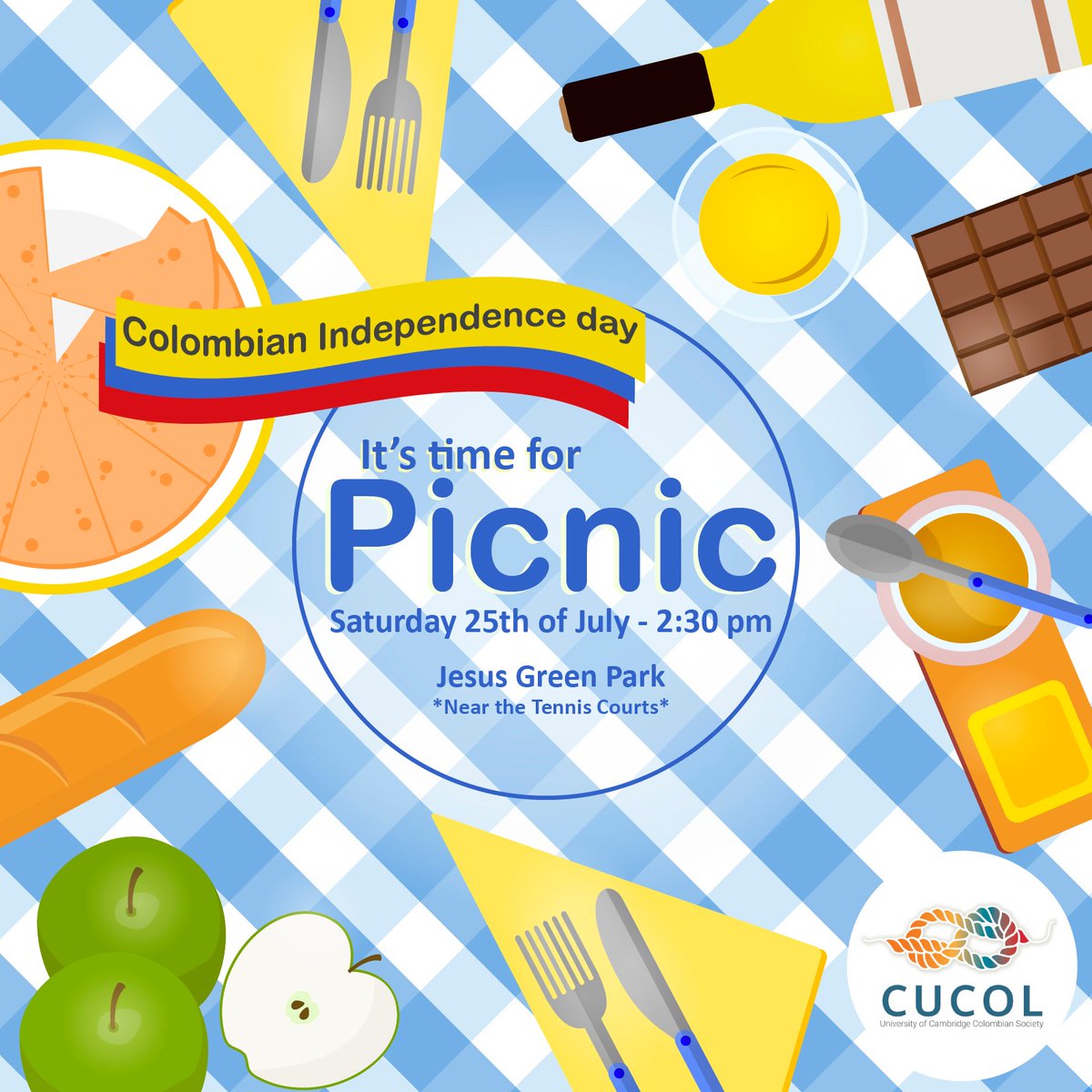 CUColombianSoc's tweet photo. ¡Feliz Día de la Independencia de Colombia! 🇨🇴 Los esperamos para celebrar juntos el próximo sábado 25 de julio, 2:30 PM, en Jesus Green ☀️🥤🍉🧺 #ColombianSociety #ColombianosEnCambridgeUK #ColombiansInUK #JesusGreenCambridge #IndependenciaDeColombia #20deJulio #picnic💛💙❤️ https://t.co/SsBJKAOLGE